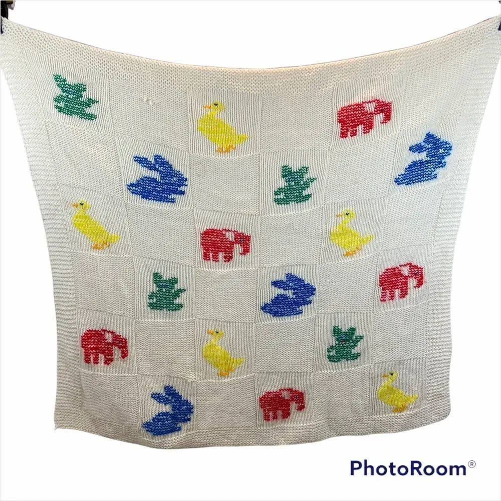 Vintage Knit Baby Blanket Primary Colors 35”‎ x 43”